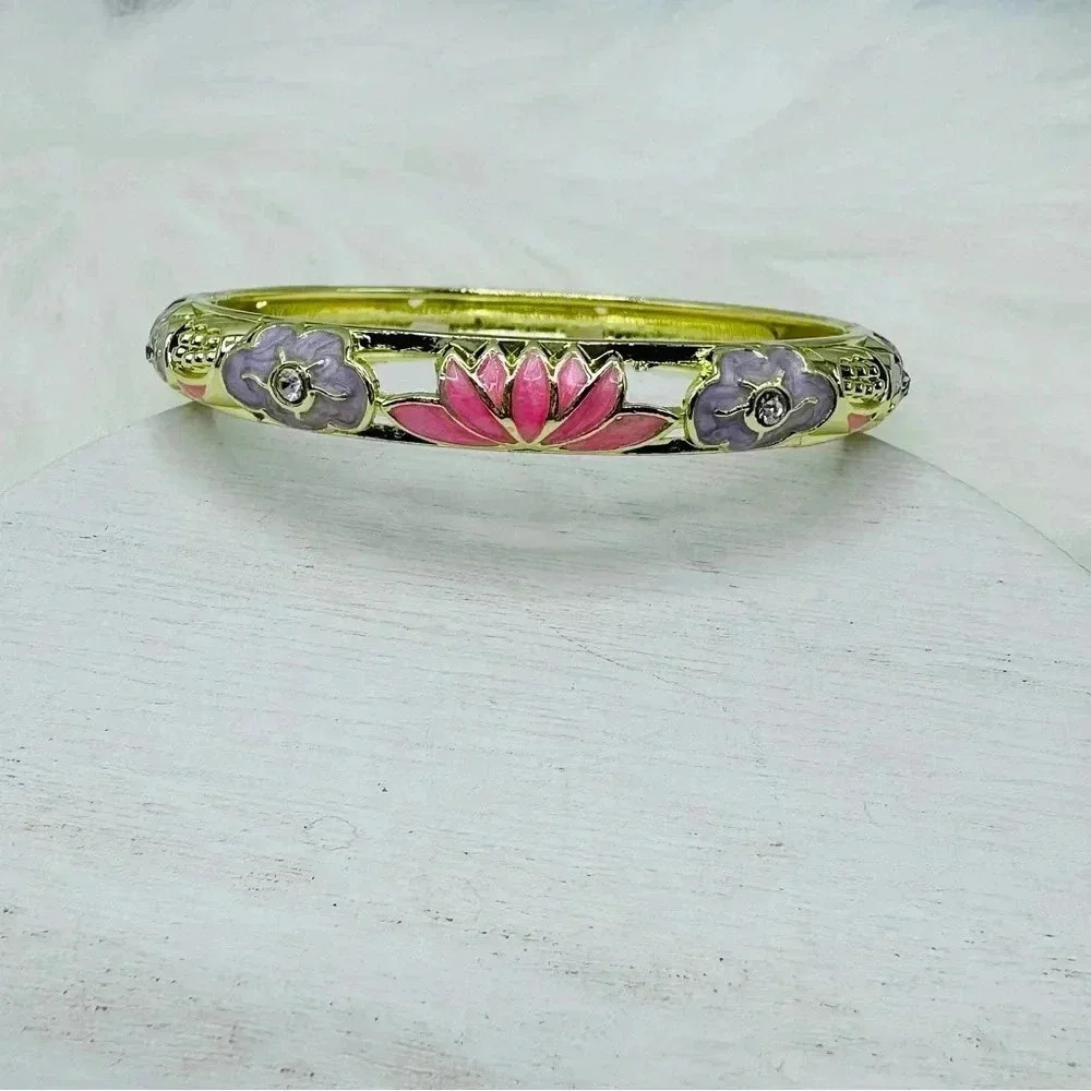 Purple & Pink Flower Enamel Cloisonne Bracelet Bangle